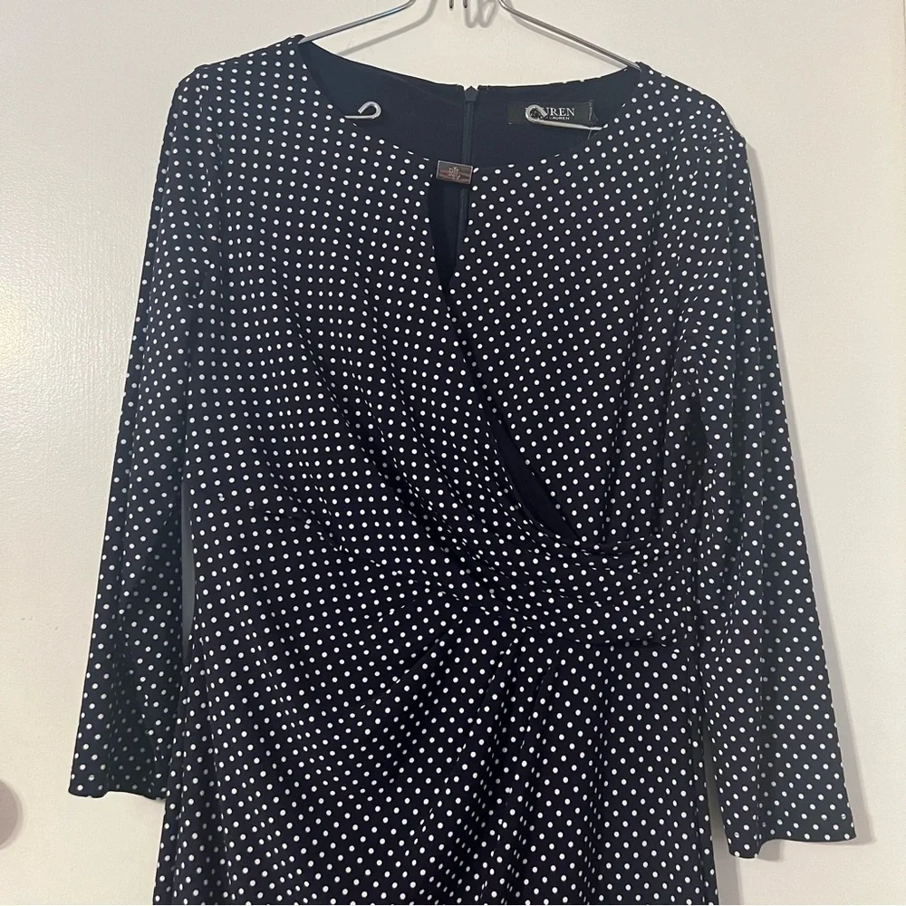 NEW Ralph Lauren Faux Wrap Ruched Jersey Knit Polka Dot Midi Dress in Navy Sz 6